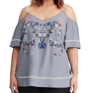 Torrid Embroidered Lace Inset Cold Shoulder Top Womens 1X Blue Floral